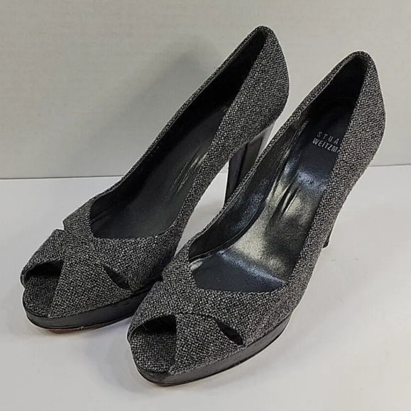 Stuart Weitzman Grey Tweed Peep Toe Stiletto Pumps Heels Size 8.5 - Picture 13 of 16
